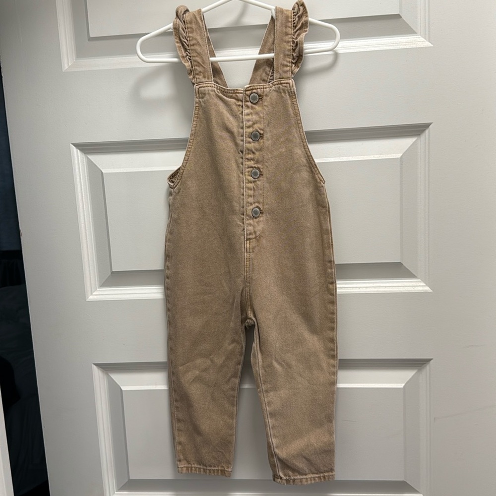 Zara Toddler Tan Overall Romper with Ruffle Sleeves (18-24M)